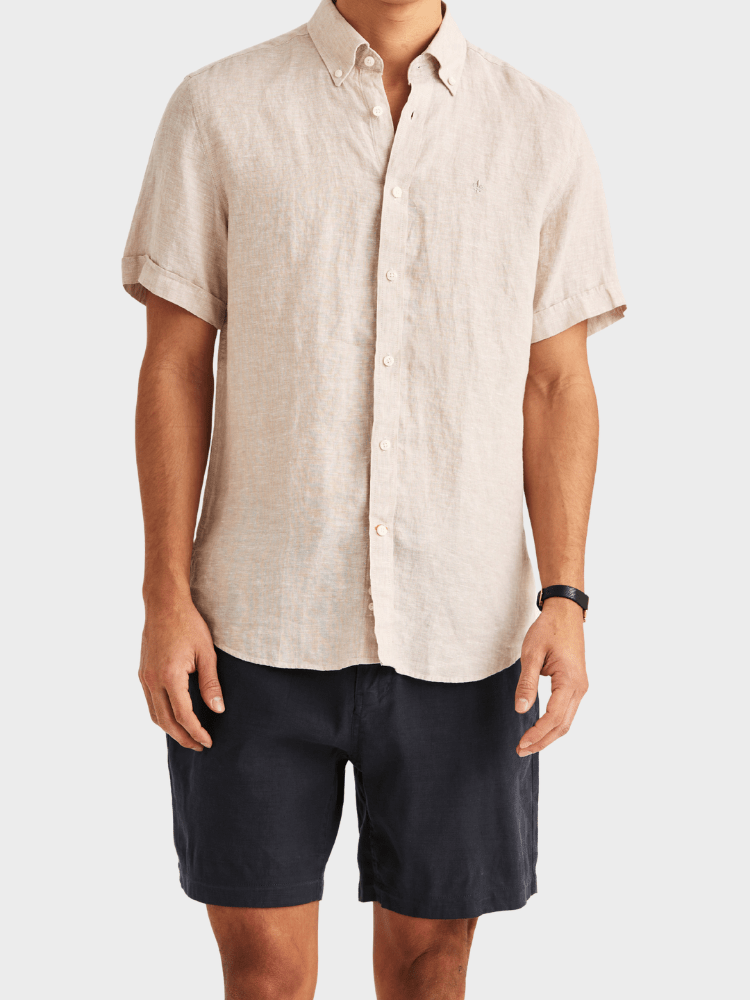 Morris Douglas Linen SS Shirt-Classic Fit - Khaki