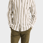 Morris Douglas Linen Mix Stripe Shirt-Classic Fit - Olive