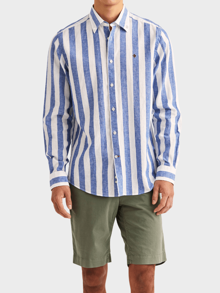 Morris Douglas Linen Mix Stripe Shirt-Classic Fit - Blue