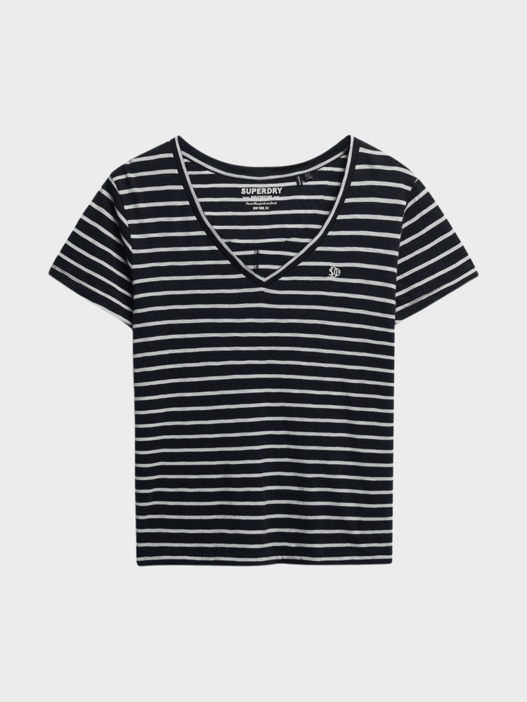 Studios Slub Embroidered T-shirt - Dame - Navy / Optic Stripe - Gumpel & Co