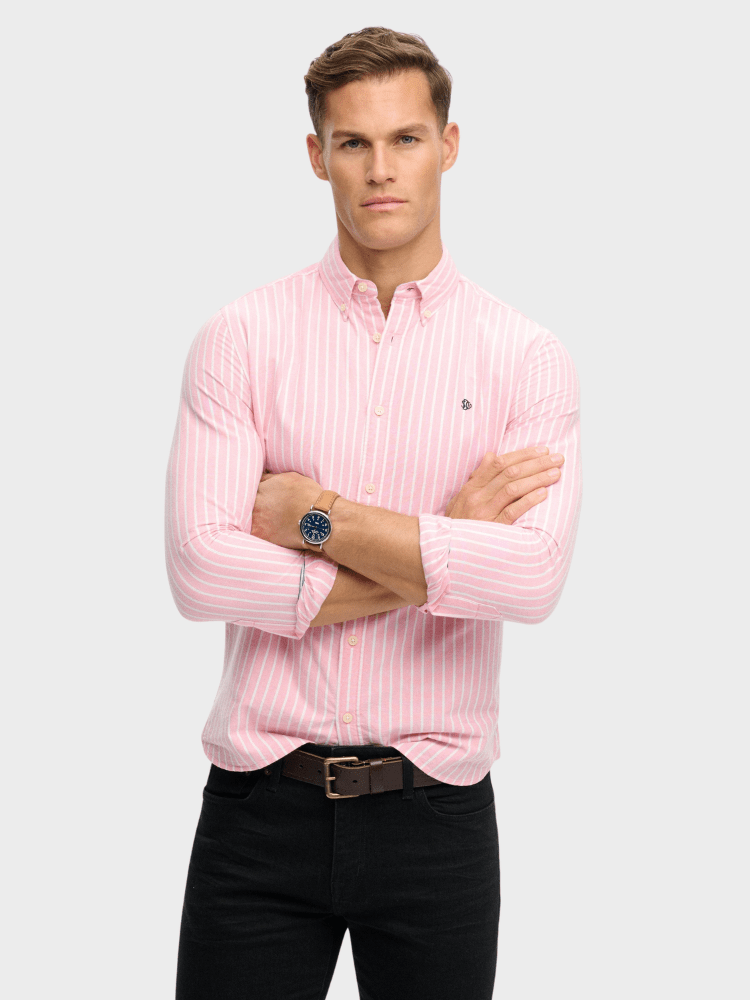 Preppy Oxford Langærmet Skjorte - Herre - Cali Coral / Optic Stripe - Gumpel & Co