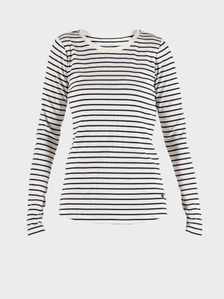 Ditte striped LS rib T-shirt - Dame - Ecru w/New Navy - Gumpel & Co