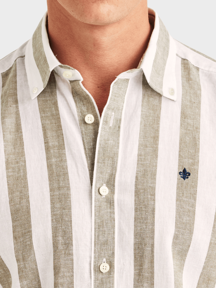 Morris Douglas Linen Mix Stripe Shirt-Classic Fit - Olive