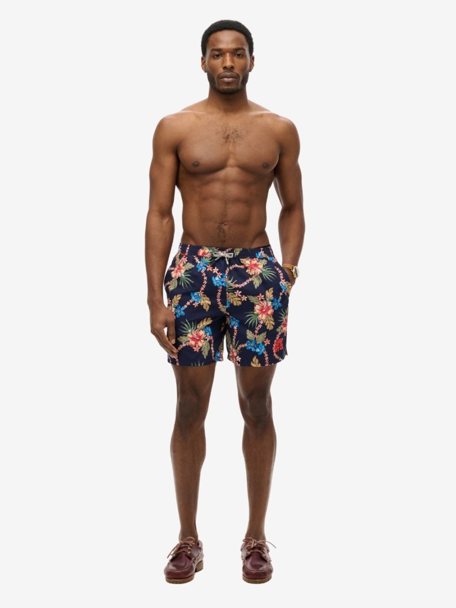 Hawaiian Print 16 Swim Shorts - Men - Tropical Chain Navy - Gumpel & Co