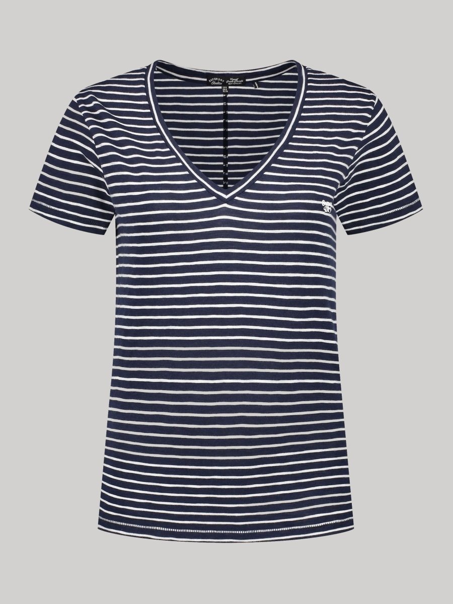 Women's T-shirt med V - hals - Dame - Navy Optic Stripe - Gumpel & Co