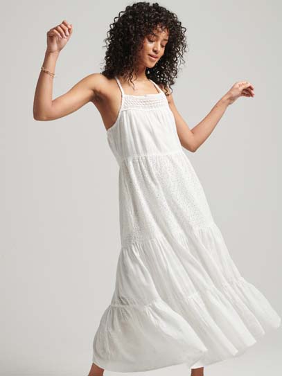 Vintage Lace Cami Maxi Kjole | Dame | Brilliant White - Gumpel & Co