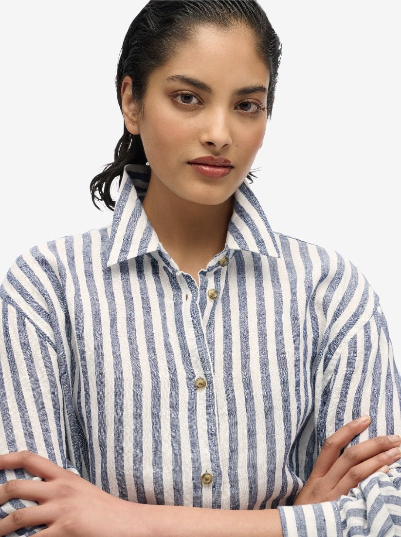 Casual Linen Boyfriend Shirt - Women - Blue Wide Stripe - Gumpel & Co
