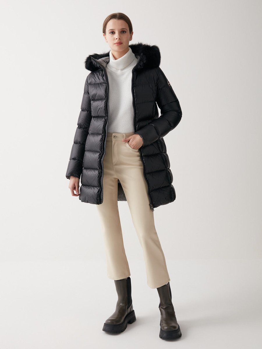 Women's Long Iridescent Dunjakke m. Pelskrave - Dame - Black - Gumpel & Co