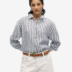 Casual Linen Boyfriend Shirt - Women - Blue Wide Stripe - Gumpel & Co