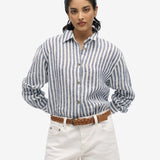 Casual Linen Boyfriend Shirt - Women - Blue Wide Stripe - Gumpel & Co