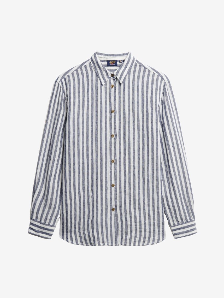 Casual Linen Boyfriend Shirt - Women - Blue Wide Stripe - Gumpel & Co