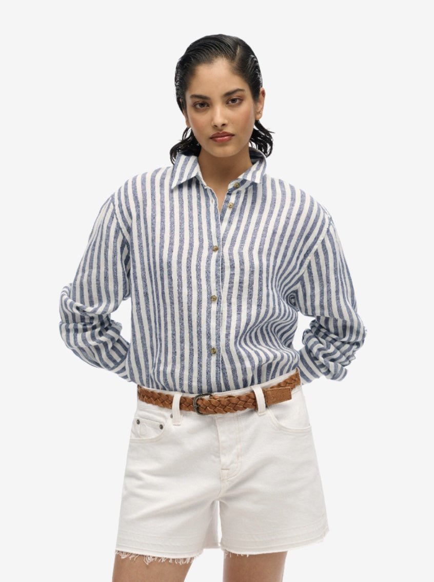 Casual Linen Boyfriend Shirt - Women - Sea Blue Chambray - Gumpel & Co